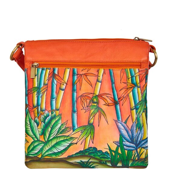 Hand-Painted Leather Women Orange Multi-Compartment Crossbody Sling Bag - Picture 2 of 8